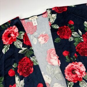 Blu‎ Heaven Women's M Floral Kimono Velvet Cardigan Red Roses Navy Blue Fringe